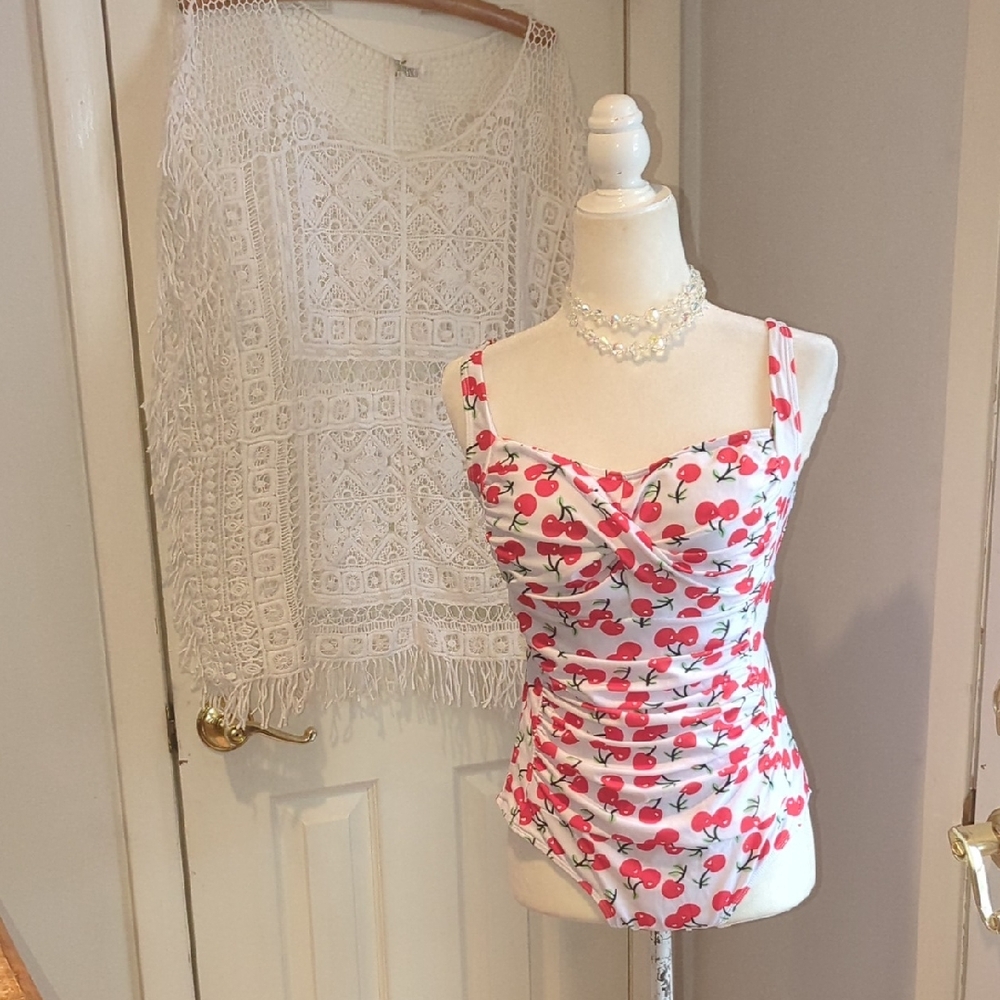 AdorableWhite Cherry-Print Ruched Sweetheart Swimsuit With Coverup